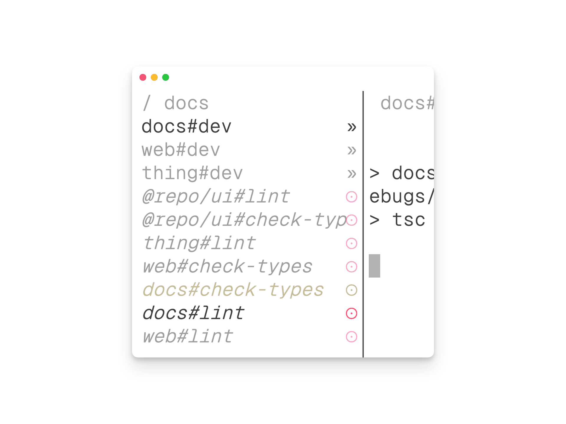 A terminal window showing Turborepo's terminal UI. The top bar shows a search query for "docs" and the task list has dimmed every task except the tasks containing the name "docs".